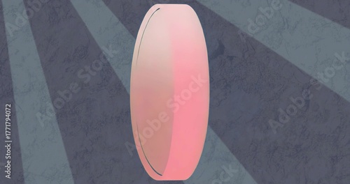 Featuring pill-shaped object glowing in dark grey textured backdrop, with diagonal light shafts