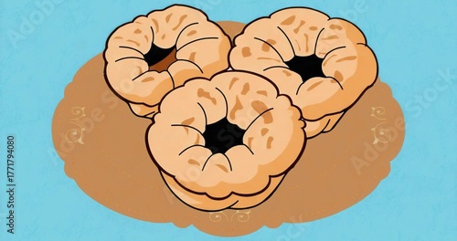 Displaying three brown bagels resting on decorative doily, against light blue background