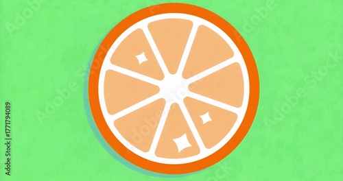 Displaying stylized orange slice occupying center of textured green backdrop, with star highlights