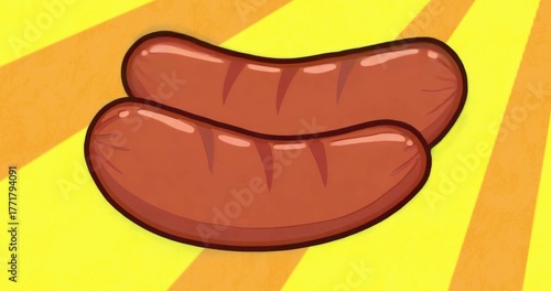 Displaying two grilled sausages lying on yellow backdrop, with radiant orange sunburst stripes