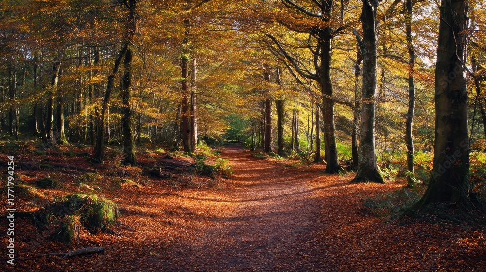 Fototapeta premium narrow. Narrow forest path with autumn leaves and dappled sunlight. representing seasonal cycles and harvest abundance, travel magazines, designed for travel destination branding.