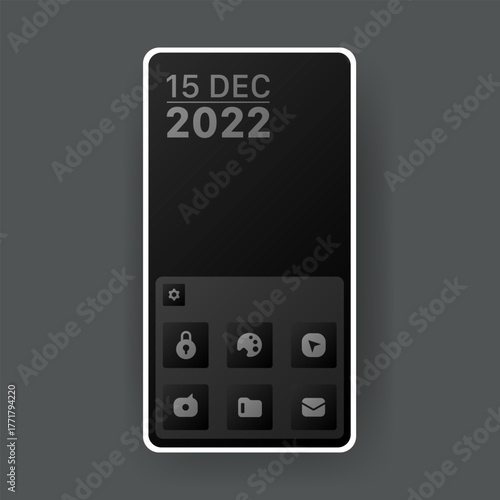 Smartphone dark mode user interface vector showing main screen with digital clock