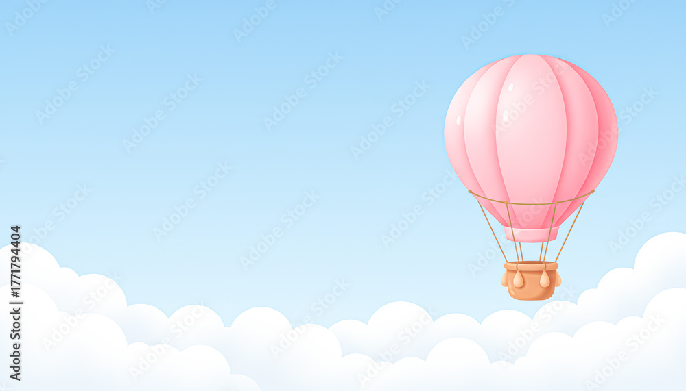 Fototapeta premium A pink hot air balloon glides through a clear blue sky with fluffy white clouds, evoking a sense of adventure and tranquility.