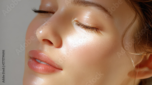 Close-up of a young woman’s face with radiant skin and soft features, eyes closed, showcasing natural beauty and glow