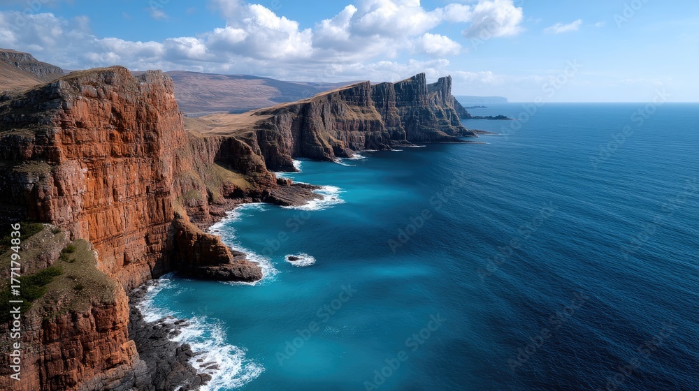 Fototapeta premium Dramatic Rocky Cliffs Overlooking Deep Blue Ocean Under a Bright Sunny Sky with Wispy Clouds