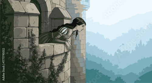 A Young Woman Gazing from a Stone Tower Window, Overlooking a Misty Mountain Range