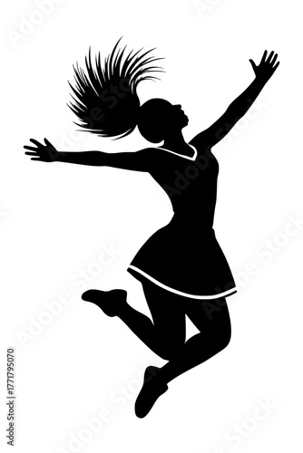 Joyful female dancer leaps with arms outstretched, celebrating a vibrant moment of freedom and energy