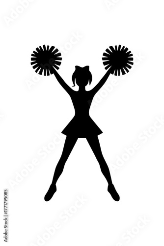 Dynamic cheerleader silhouette with pom-poms expressing school spirit and youthful energy in vector form