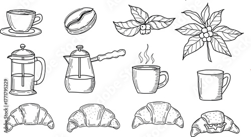 Hand Drawn Coffee and Croissant Icons Set for Cafe or Restaurant Menu Design Black and White Sketch Illustration Vector Seamless Pattern