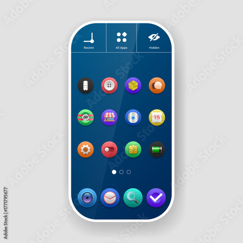 Smartphone user interface vector with colorful round app icons on blue screen