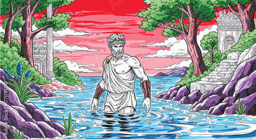 Mythological figure wades through tranquil waters at sunset, surrounded by ancient overgrown temples and lush, vibrant nature