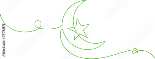 Elegant green line art of a crescent moon and star. Isolated crescent moon and star design on a transparent background