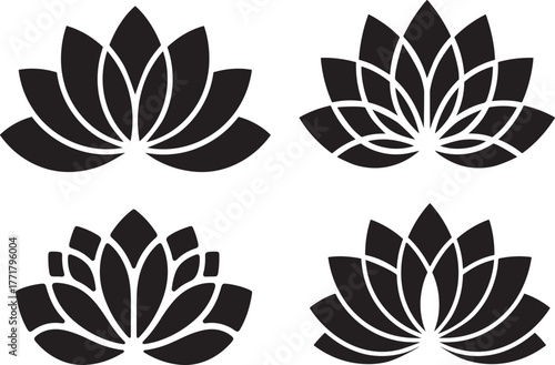 Black and white floral vector design with lotus and leaf ornament for seamless pattern illustration and tattoo silhouette