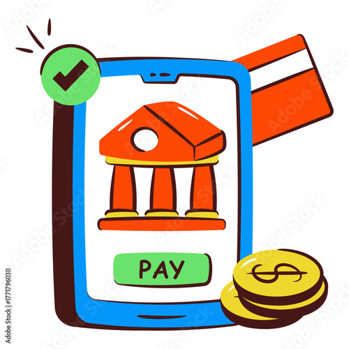 Card inside smartphone, icon of mobile card payment