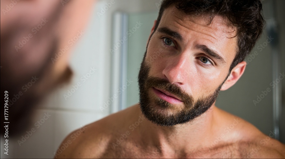 Fototapeta premium Contemplative shirtless individual with beard gazing pensively in soft-lit bathroom setting, capturing introspective moment of quiet reflection