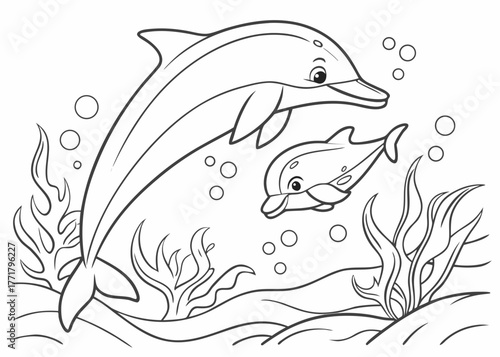 Kids Coloring Page – Mother Dolphin Swimming Underwater with Her Baby