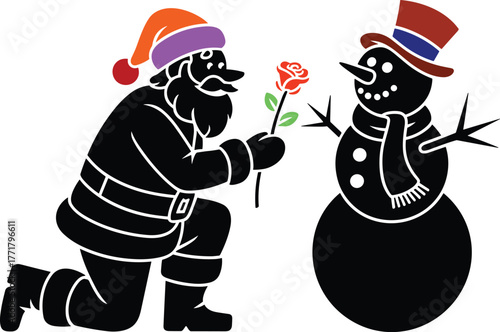 Santa proposing rose to snowman gift winter celebration.
