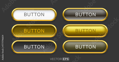 Glossy web buttons set with golden frames on a dark background. Various elegant call to action UI vector elements.