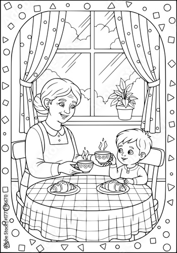 grandmother and grandson at a tea party. coloring book