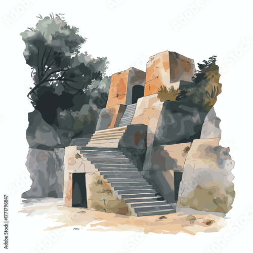 Chan Chan Archaeological Site. Chan Chan Archaeological Site hand drawn watercolor illustration