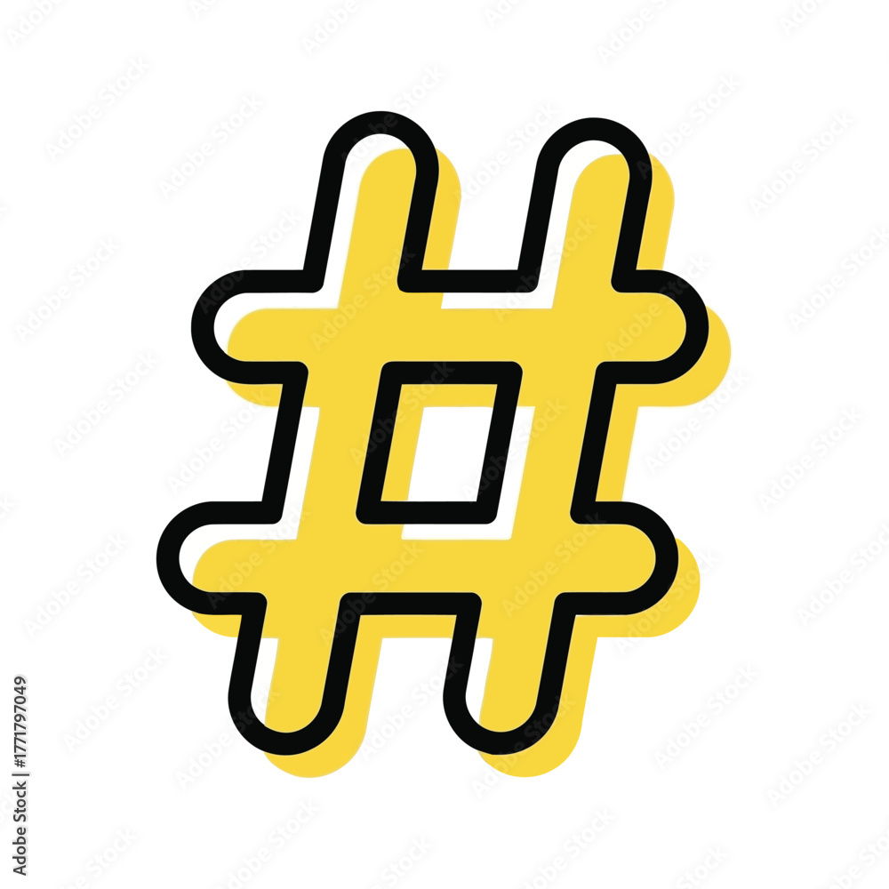 Fototapeta premium Bright yellow hashtag symbol with black outline and shadow effect