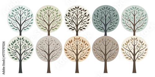 Vector collection of ten stylized trees with circular foliage in muted pastel colors on a white background
