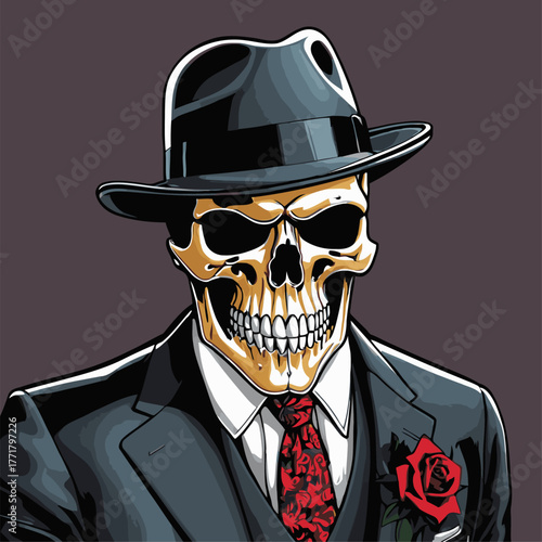 skull wearing a suit and fedora hat
