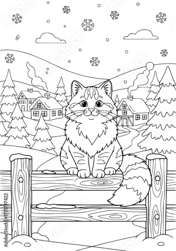 Siberian cat in winter in the village. coloring book
