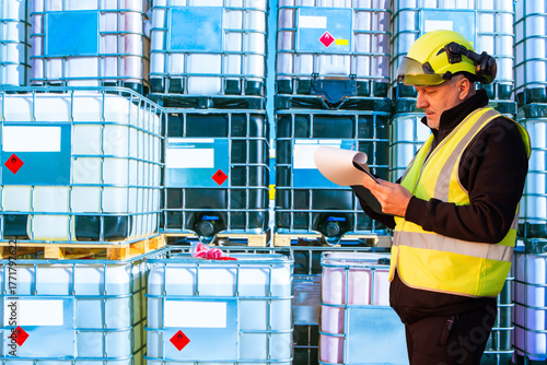 Foto Warehouse inspector checks documents near chemical containers, industrial safety supervision and control of hazardous materials storage