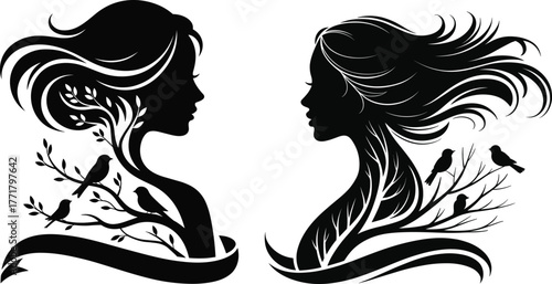 Two profiles of women with trees and birds woman silhouette.