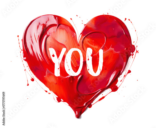 Vector Red Painted Heart with “You” Text isolated on White Background