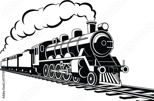 Vintage steam locomotive chugging along railroad tracks train engine.