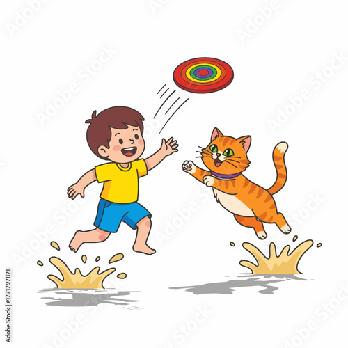 Boy and cat cheerfully play frisbee outside together