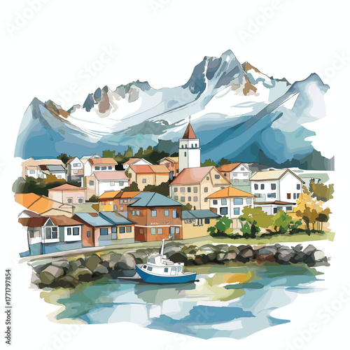 Ushuaia. Ushuaia hand drawn watercolor illustration