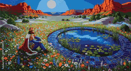 King Meditating by a Peaceful Pond in a Vibrant Meadow