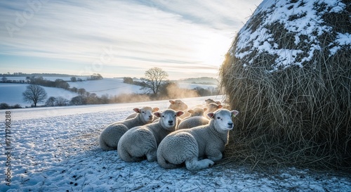 Sheep resting beside haystack on snowy farm landscape in winter  