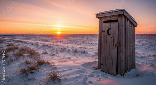 Wooden outhouse in snowy landscape during sunrise at the beach  