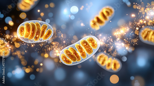 3D illustration of mitochondria cells with vibrant colors and glowing particles against a dark abstract background representing cellular energy