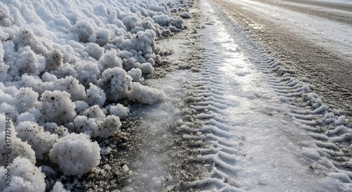 Snowy road with tire tracks and snow mounds in winter setting  