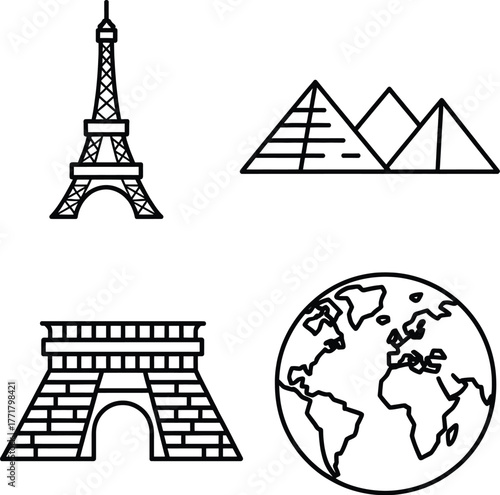 Eiffel tower pyramids archway globe travel icons paris france