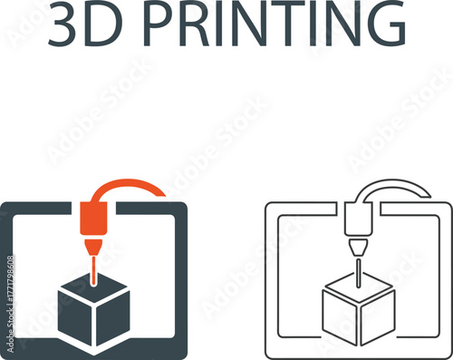 3d printing Line art icons. It contains a 3D printer, modeling, filament, additive manufacturing, and more. Solid vector icons collection.