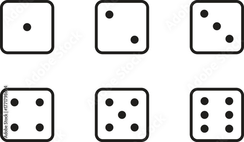 Six Sided Dice Faces Set, Minimal Black and White Icon Collection, Standard Game Cubes 1 to 6