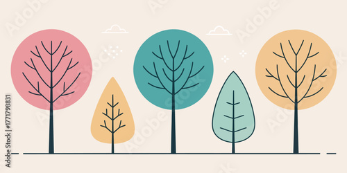 Vector stylized trees with colorful circular and leaf shaped crowns in a whimsical landscape scene art