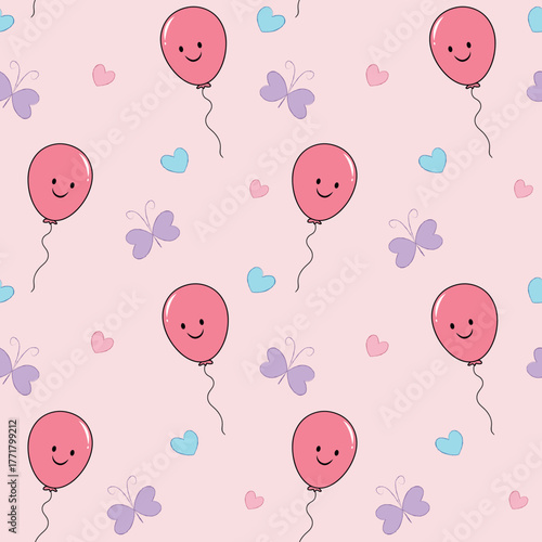 Holiday or Birthday Seamless pattern with Cute Balloons and butterfly. Vector Festive Playful Background for Kids with Kawaii Balloons. Funny Face Balloon for Baby design. Pink background nursery