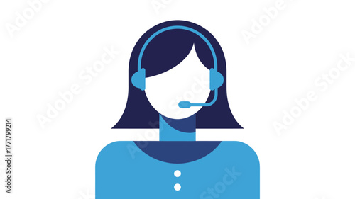 minimalist illustration of customer service agent with headset, blue top, and microphone, symbol for support, communication, call center
