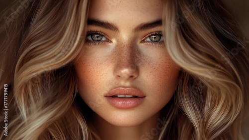 Wallpaper Mural Beautiful woman with wavy hair and freckles, looking at the viewer Torontodigital.ca