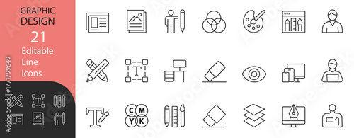 Graphic Design Line Icon Set. Contains symbols for color, typography, designer tools, workspace, and digital art concepts. Line vector design for creative apps, web, and marketing.