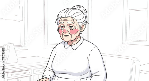 Gentle illustrated portrait of a kind elderly woman with a warm smile, embodying wisdom and serene tranquility, suitable for themes of family, care, and senior living