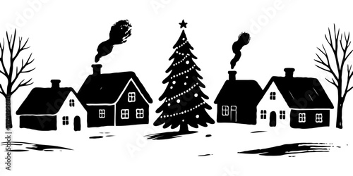 Winter village scene with snowy ground, decorated Christmas tree, and cozy houses in black and white silhouette style on white background