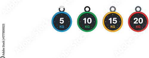 Weight Plates Colored Ring Set with Easy Grip Handles in 5kg, 10kg, 15kg, and 20kg Sizes – Gym Equipment Vector Illustration